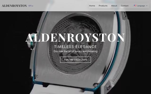 The aldenroyston.com home page: a watch on a dark background, with the language menu in the header.